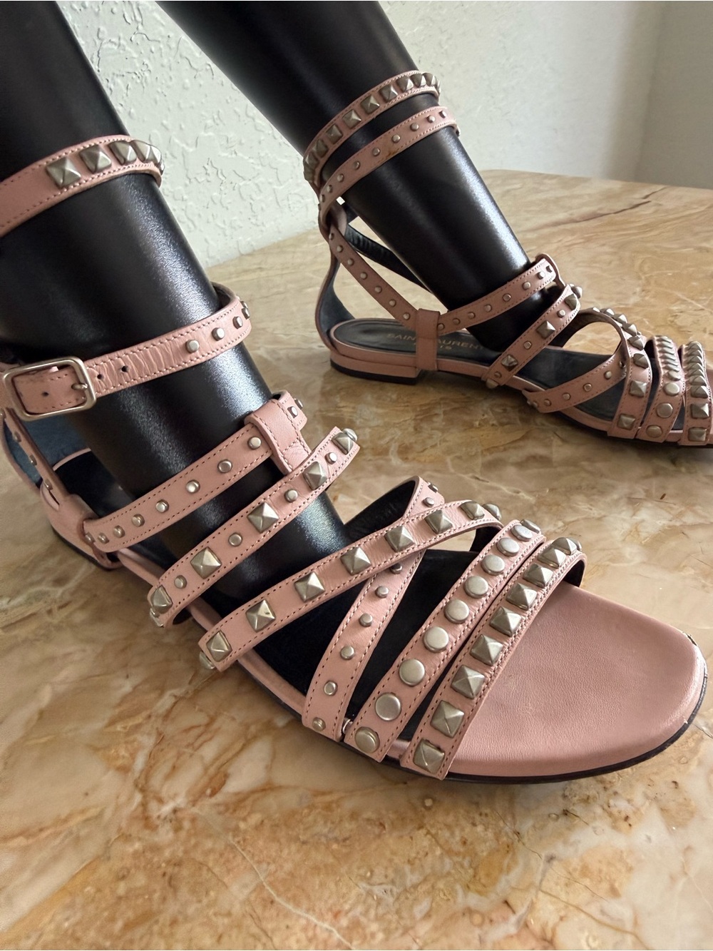Saint Laurent Pink Studded Strappy Sandals - Women